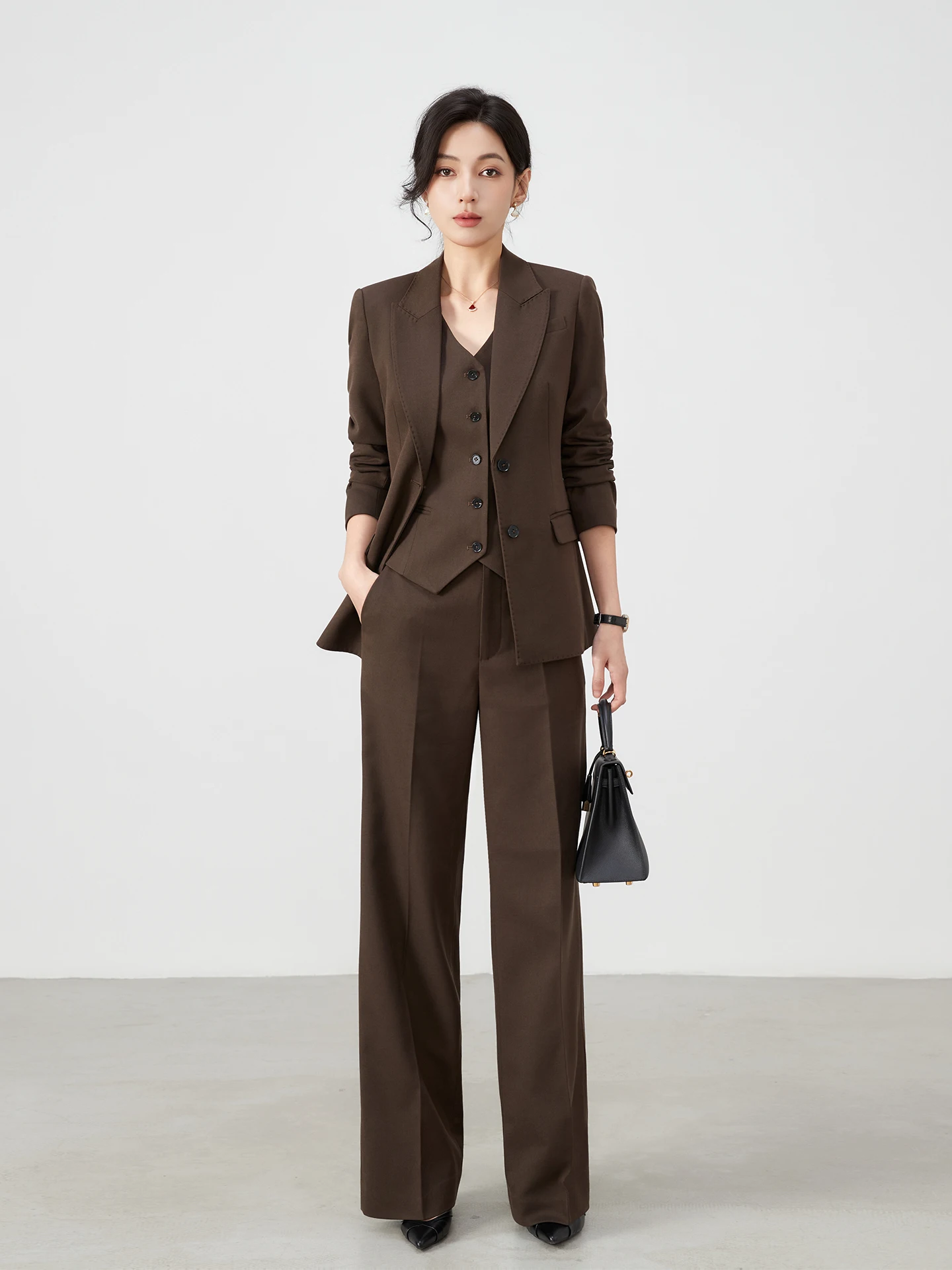 

Busin Повседневный приталенный костюм с футболкой кофейного цвета для женщин Высококачественные шерстяные прямые брюки и жилет