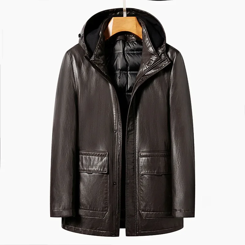 Hooded Down Jacket with Ecological Leather Medium To Long Detachable Down Leather Jacket