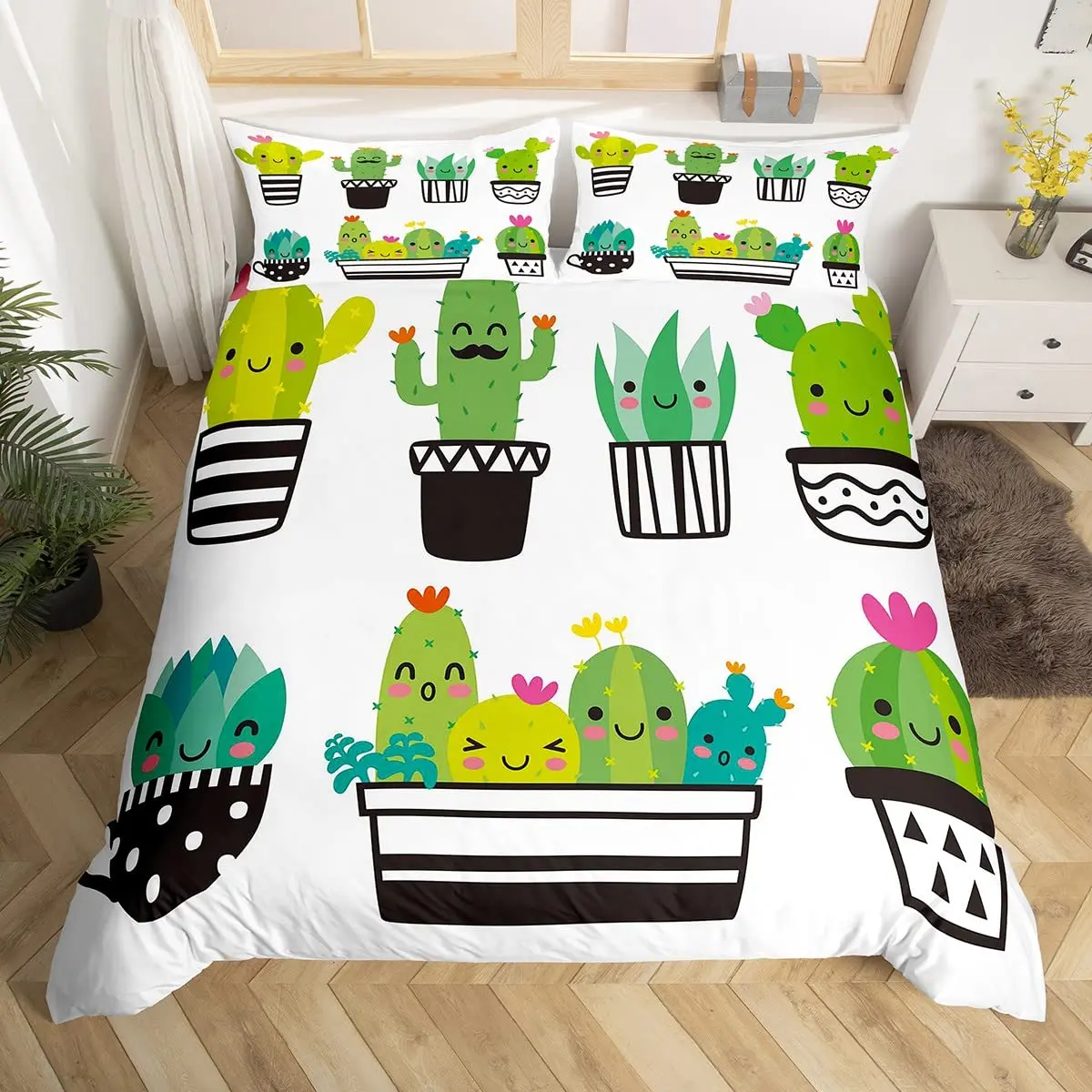 Tropical Botanical Bedding Set Bulbous Cactus Sketch Drawing Comforter Cover Cute Desert Plants Duvet Cover Flower Quilt Cover