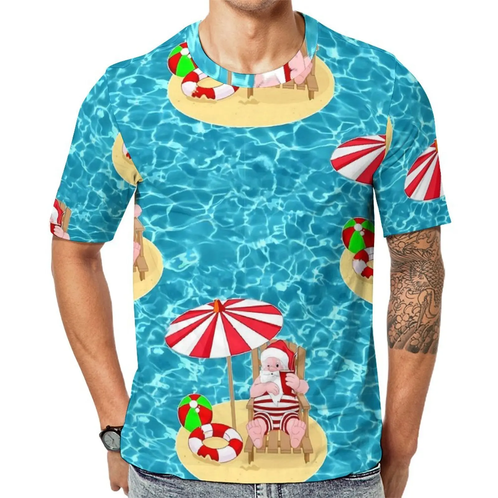 Christmas T Shirt For Man Xmas Beach Santa Claus Custom O Neck T-Shirts Summer Cool Clothing Short Sleeve Awesome Big Size Tees
