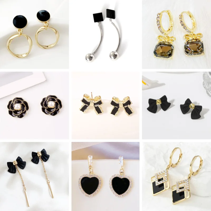 New Black Color Dangle Earrings Crystal Square Pendants Women's Hanging Earrings Korean Fashion Bowknot Pearl Flower Earrings