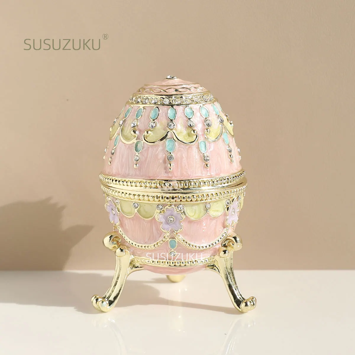 Hand Painted Enameled Pink Faberge Easter Egg Style Decorative Hinged Jewelry Trinket Box Unique Gift for Decor