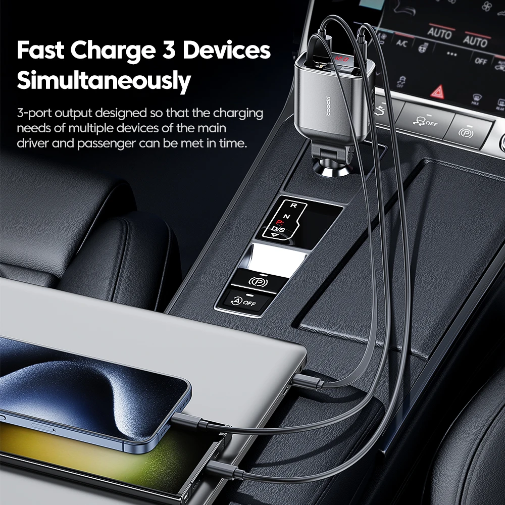 Toocki 105 واط شاحن سيارة قابل للسحب USB C البرق كابل PD 27 واط آيفون 16 15 14 13 سامسونج S24 S23 SFC2.0 اللوحي Xiaomi