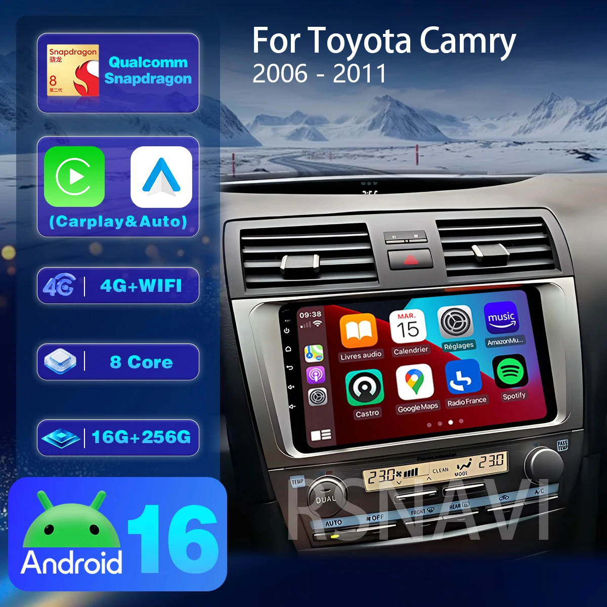 RSNAVI Android 16 For Toyota Camry 7 XV 40 50 2006 - 2011 Carplay Car Radio Multimedia navigation BT video Autoradio Stereo