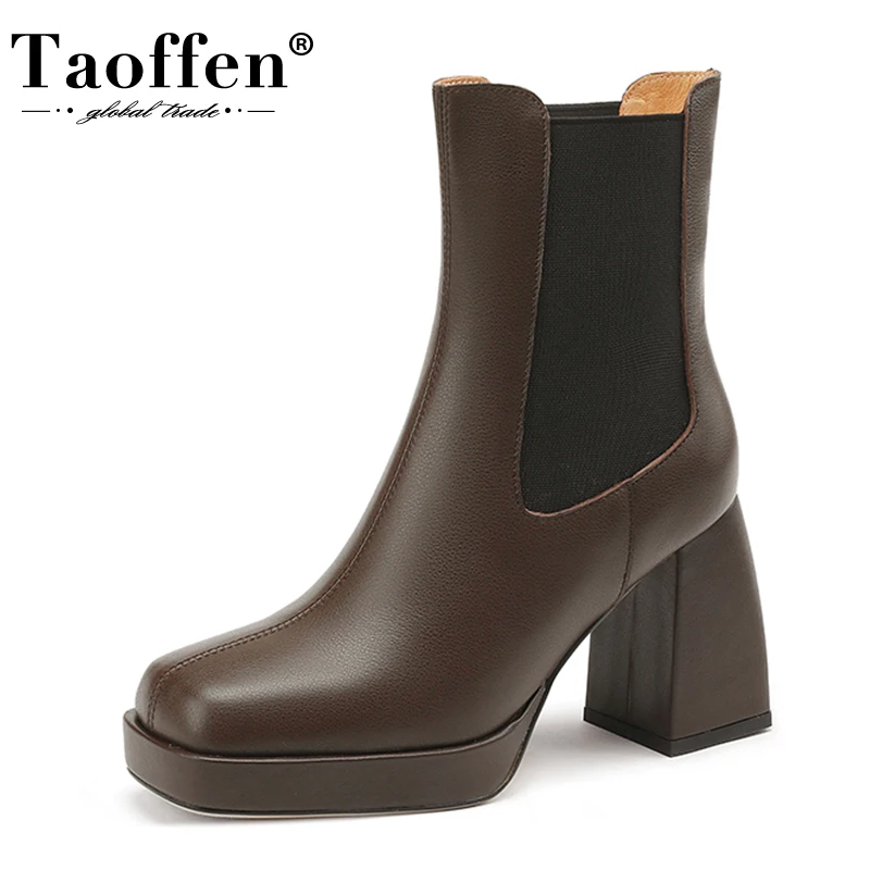 Taoffen New Arrival Women Ankle Boots Real Leather Women\'S Shoes Winter Fashion High Heels Short Boot Footwear Size 34-40