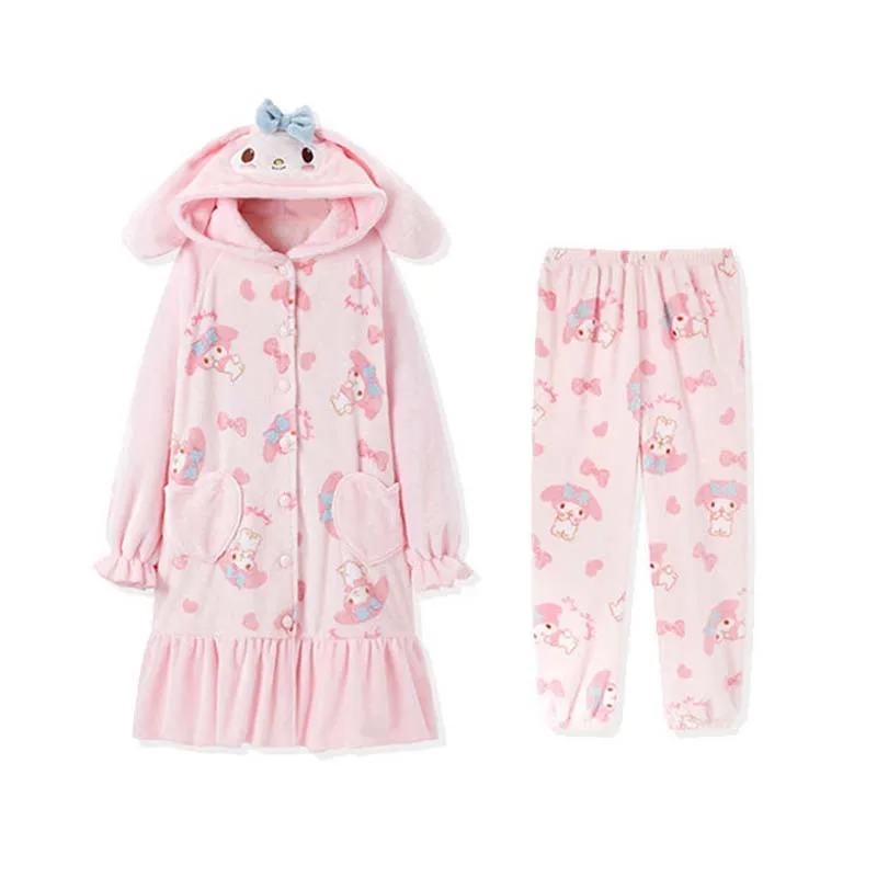 Plush Pajama My Melody Kawaii Thick Home Pajamas Autumn Winter Jacket and Trousers Two-Piece Set Pajama Thermal Robe Girl Gift