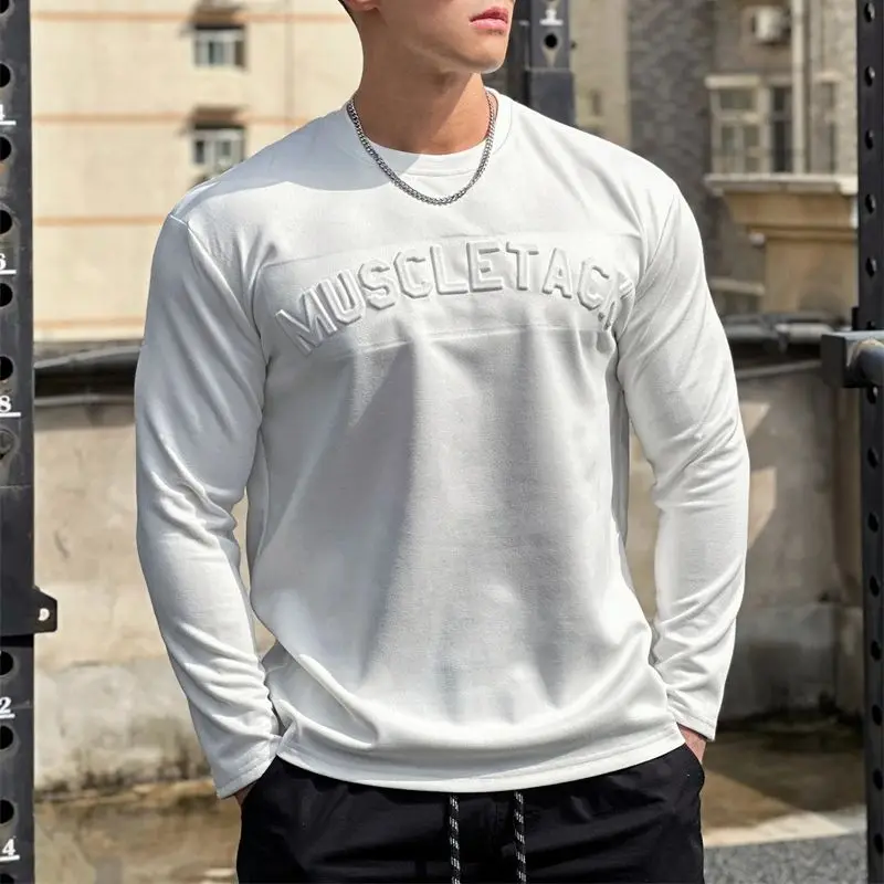 Spring and autumn new fashion street trend long-sleeved men's T-shirt casual shirt concave logo design ahead of men