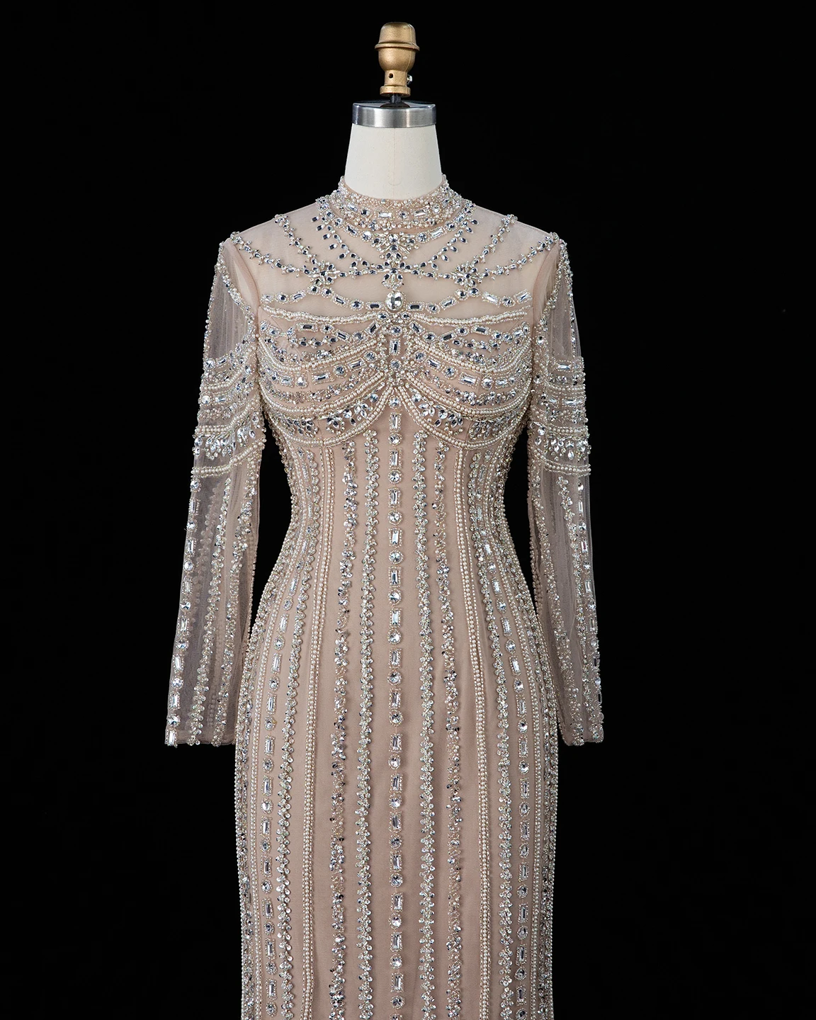Sharon Said Abendkleid Elegantes Meerjungfrauenkleid mit hohem Halsausschnitt, Tüll, langen Ärmeln, Kristallen, Dubai, formelle Party, Hochzeitskleider SS195, maßgeschneidert – Detail 7