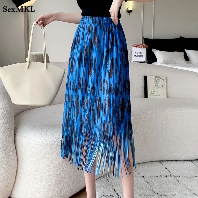 

Elegant Summer Long Skirts Women 2024 Fashion High Waist Printed Casaul Faldas Largas Elastic Korean Clothes Y2k Pleated Skirt