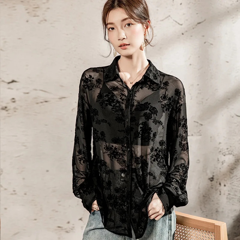 MadBlack-Women's European Flocking Shirt, Sexy Lapel Embroidery, Vintage Long Sleeve Loose Sheer Blouse, 2025 Summer T54331CC