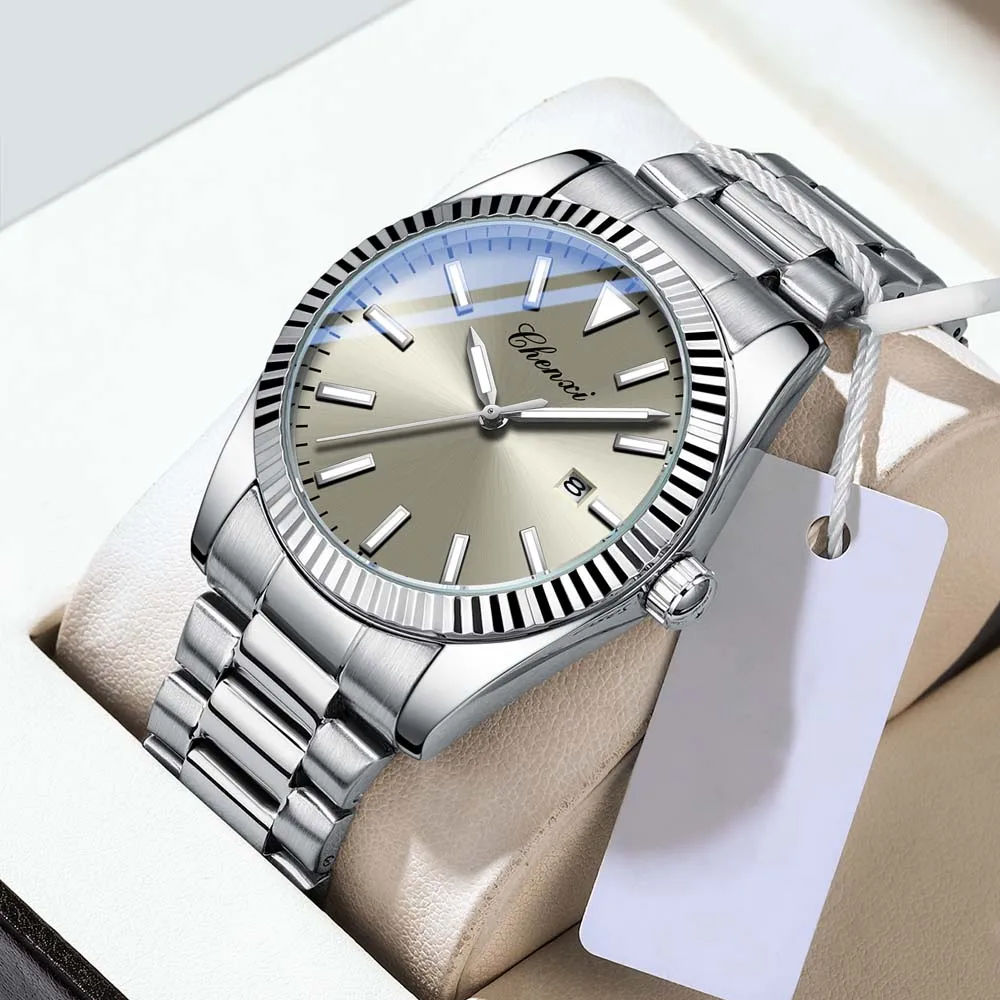 CHENXI 남성용 쿼츠 시계 날짜 표시 스테인리스 스트랩 방수 비즈니스 캐주얼 시계 남성용 시계 선물