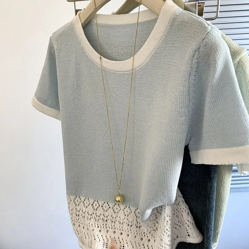 Women's Knit Top with White Crochet Hem, Short Sleeve Color Block T-Shirt, Hollow Out Scalloped Hem Casual Summer Tee