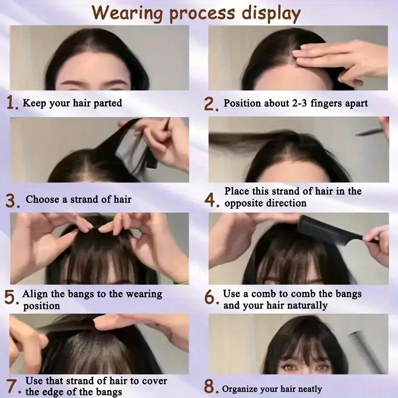 مشبك شعر صناعي، غرة مقطوعة بشراشيب مع سوالف، بني داكن، مظهر طبيعي للنساء، ملابس الحفلات اليومية #5