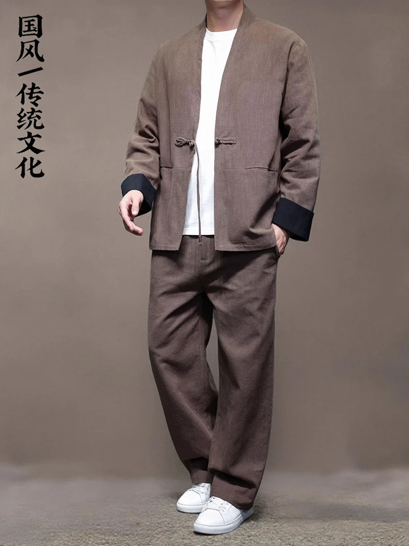 Chinese Style Linen Ramie Cardigan Jacket Men One Button Hanfu Robe Coat Zen Meditation Taoist Cloak Traditional Outwear Set