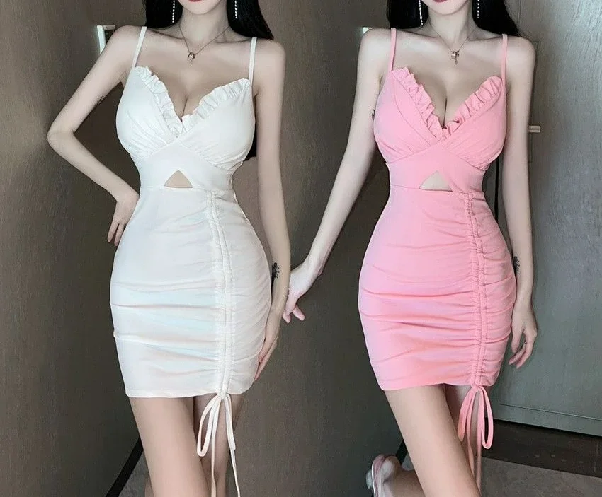 

2026 Women's Summer Deep V-neck Drawstring Wrapped Hip Skirt Slimming Sleeveless Small Suspender Dress