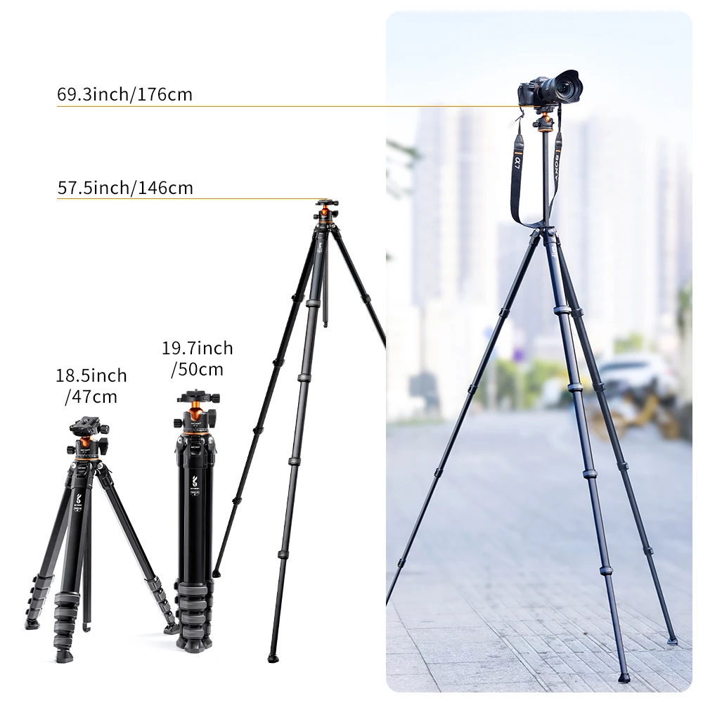 K&F Concept 69.3inch Travel Camera Tripod Aluminium Professional Tripod 15kg/33lbs Load with Panorama Ball Head Quick Release