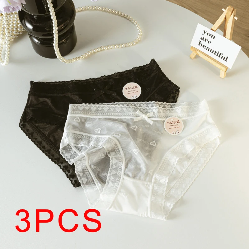 3PCS Triangular Panties Sweet Underpanties Lace Fashion Woman Mid-rise Sexy Thin Lingerie Underwear Women Briefs Women's Female