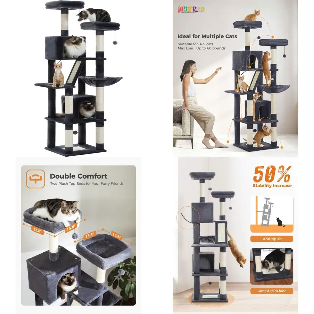 

Multi-Level Cat Climbing Tower with 6 Scratching Posts, 2 Condos, 2 Boards - Large Cat Tree for Play and Rest