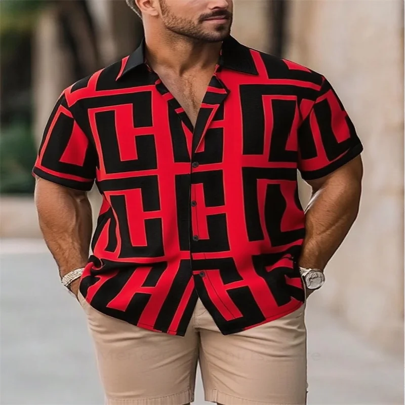 جديد الرجال أنيقة هندسية طباعة قميص عارضة أزياء الصيف التلبيب قصيرة الأكمام قميص رائعة قطع ملابس للرجال