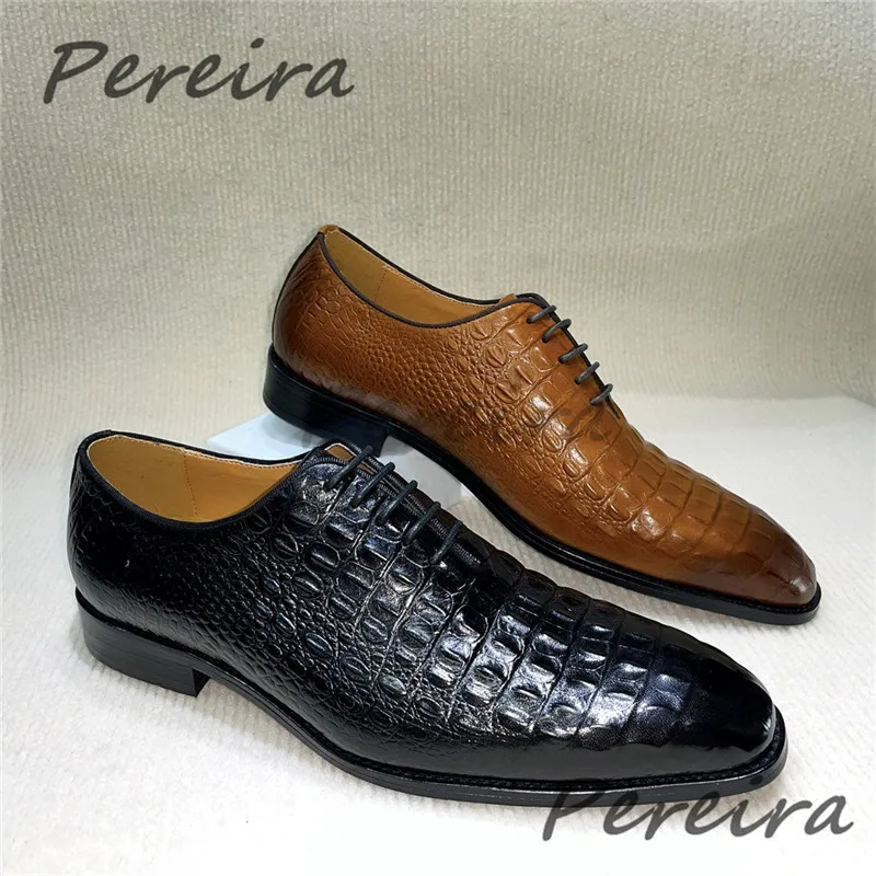Men Crocodile Patterned Cowhide Oxford Shoes Classic Genuine Leather Shallow Lace Up Business Loafers Party Wedding Dress Shoes