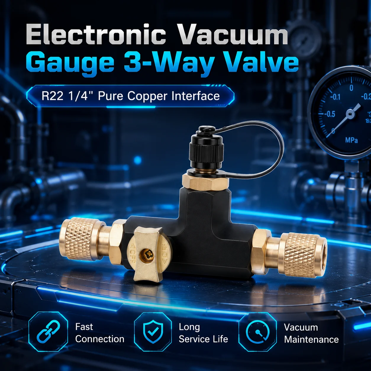 HVAC Digital Vacuum Gauge 3-Way Valve Adapter, Vacuum Pump Connector for Automotive AC Refrigerator Repair Service