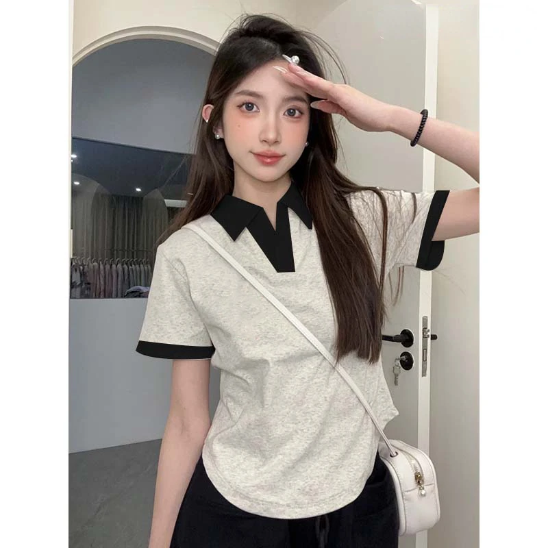 Streetwear Fashion Contrast Color V-neck Short Sleeve Polo Shirts Women Casual slim fit Cotton Polos shirts y2k tops women