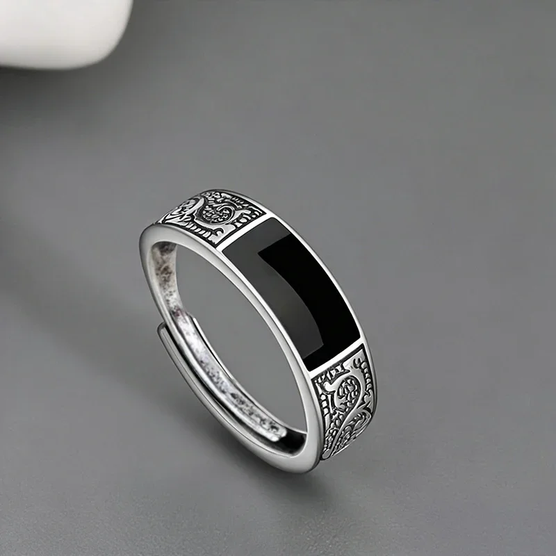 Huitan Exquisite Pattern Opening Rings with Black Enamel Bright Luxury Hip Hop Finger Accessory for Women Charming Party Jewelry