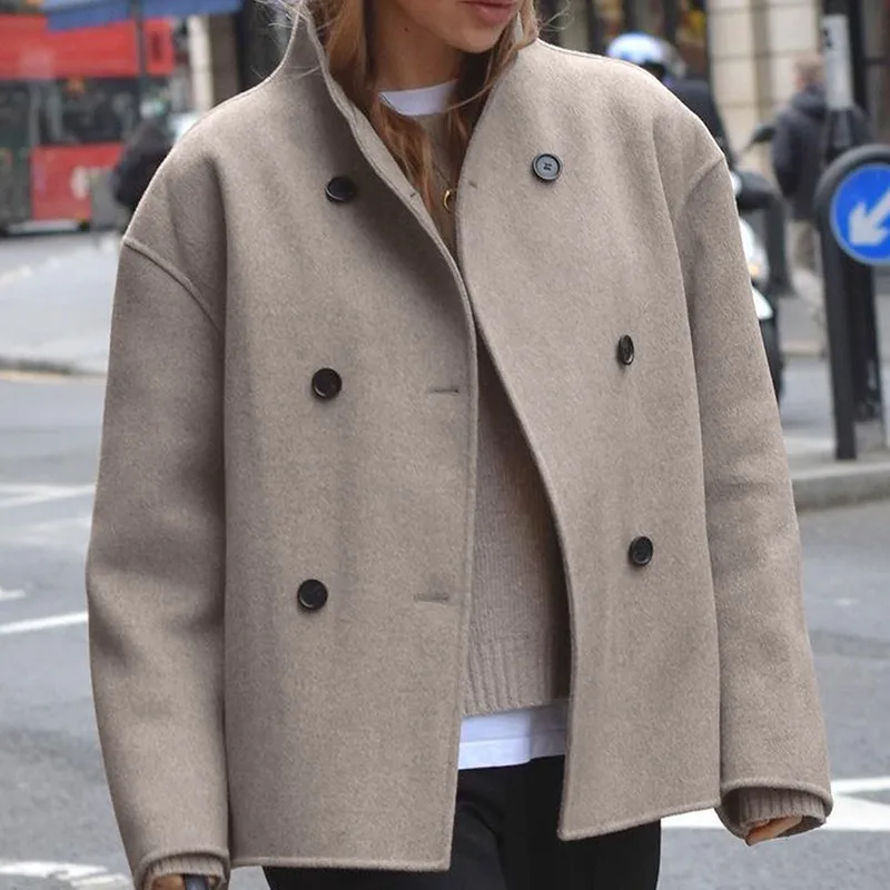 

2024 Women Winter Stand Collar Wool Blend Jacket Fashion Lady Loose Double Breasted Pea Coat Button Cropped Trench Coat Overcoat