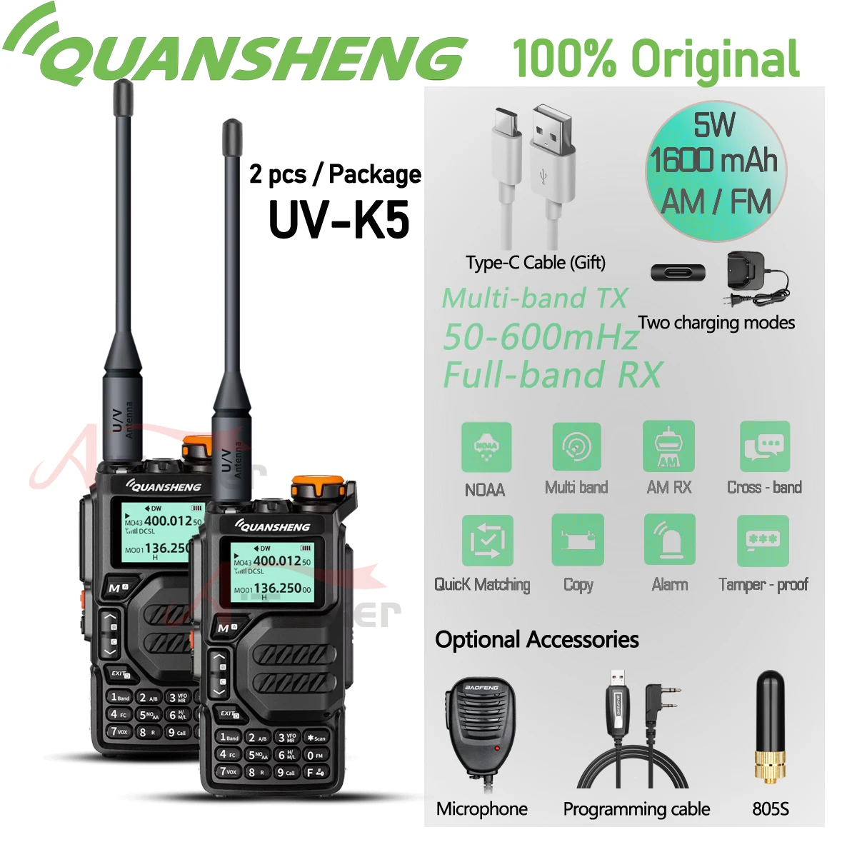 2pcs Quansheng Walkie Talkie UV-K5 Long Range Air Dual-Band 2-Way Radio 5W High Power Portable 200 Channel Free TPYE-C Cable