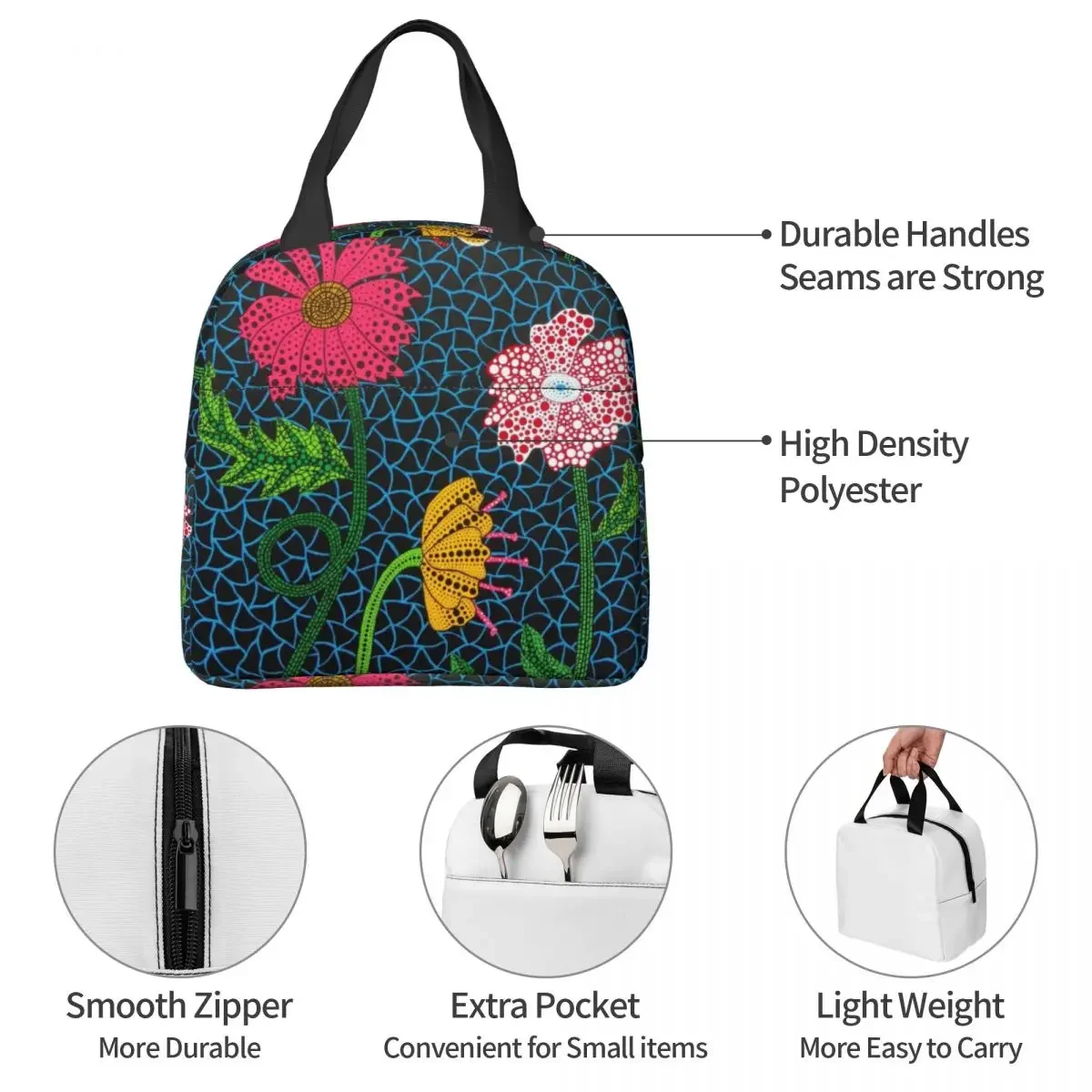 Flowers  Insulated Lunch Bags Cooler Bag Lunch Container Yayoi Kusama Art Abstract Tote Lunch Box Food Handbags School Outdoor