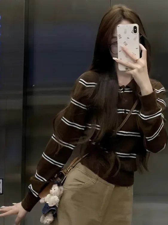 

Вязаный топ в американскую полоску в стиле ретро, женский ранний осенний открытый кардиган для колледжа, длинный свеч Ne