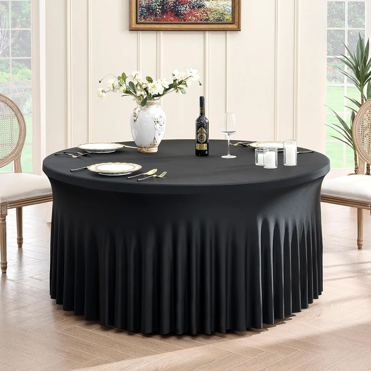 Stretchy 120inch Fitted 5FT Round Table Cloths, Wrinkle Free Table Cover Desk Skirt for Wedding Birthday Party Dining Banquet