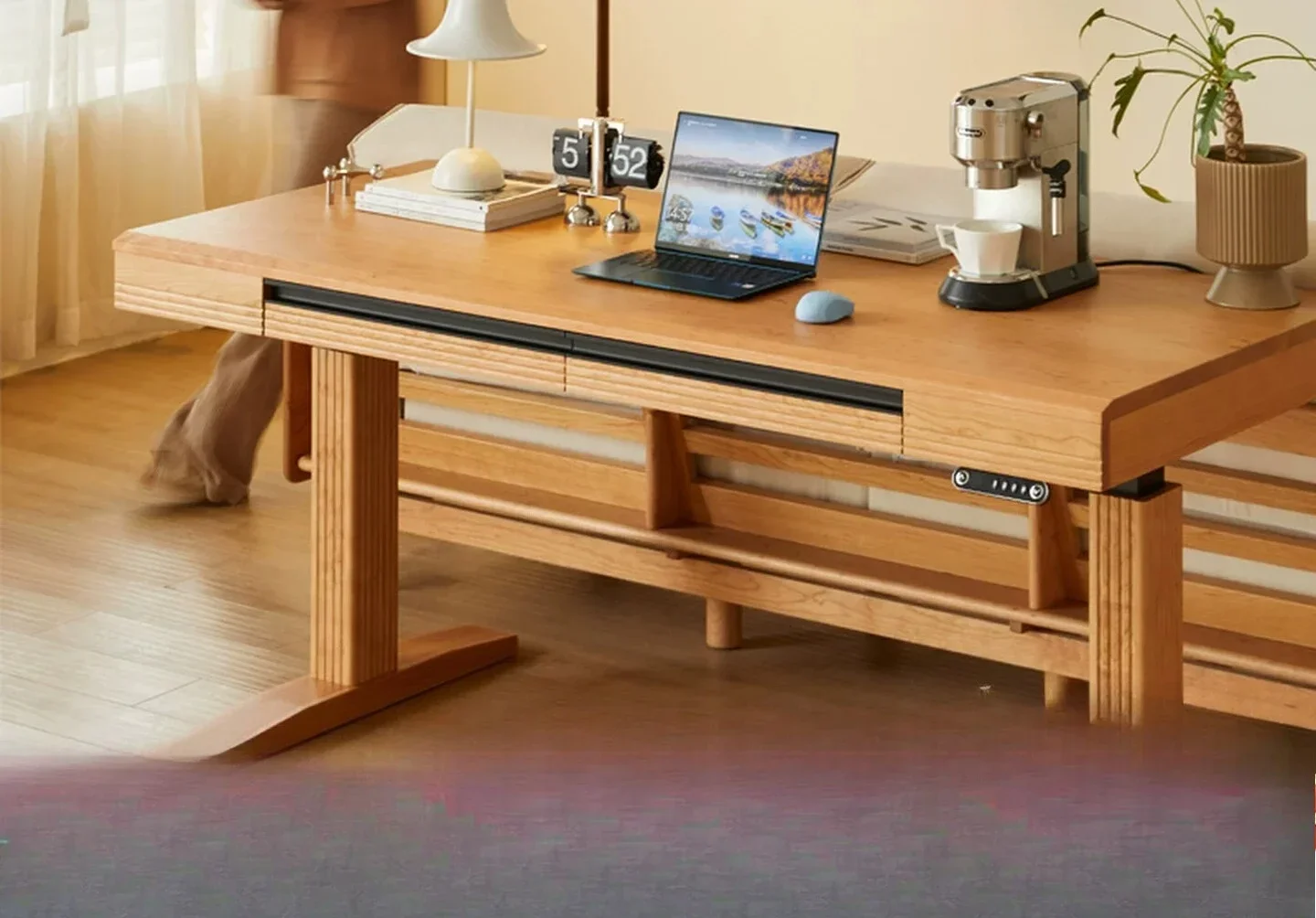 Solid Wood Electric Standing Desk Cherry Wood Double Office Desk With DrawersX15