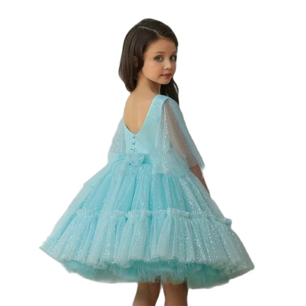 Robe princesse à fleurs pour filles, à demi-manches, col rond, en Tulle, à paillettes, bouffantes, pour première Communion, robe de spectacle, d'anniversaire pour enfants