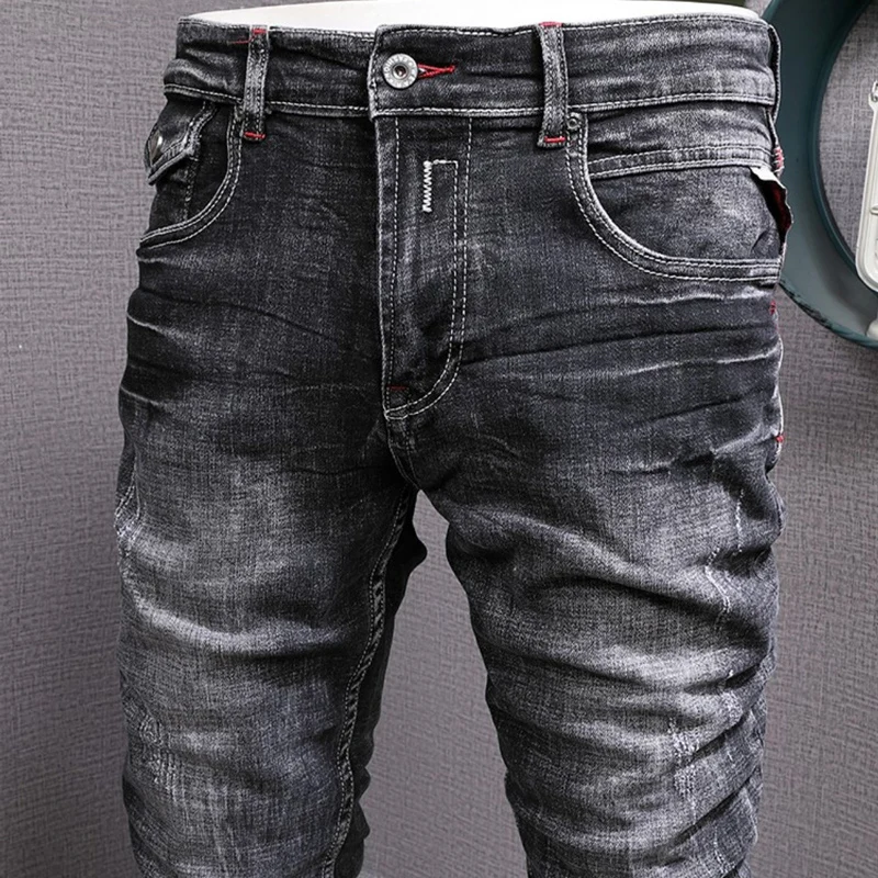 Newly Designer Fashion Men Jeans Retro Black Gray Elastic Slim Fit Ripped Jeans Men Trousers Vintage Casual Denim Pants Hombre