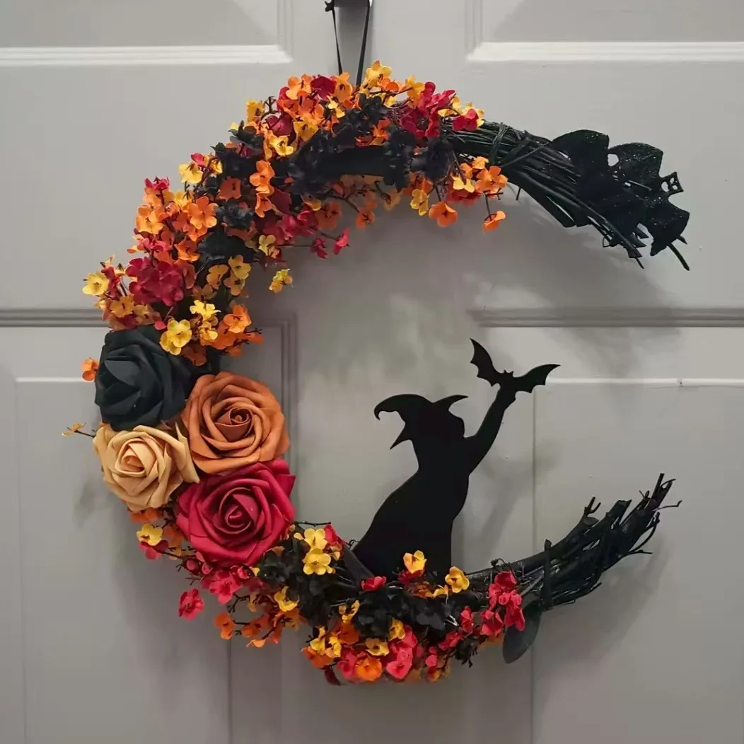 D2 Halloween Witch Cat Rose Wreath Hanging Gothic Crescent Moon Christmas Wreath For Home Party Wall Window Decor Indoor Outdoor view 2