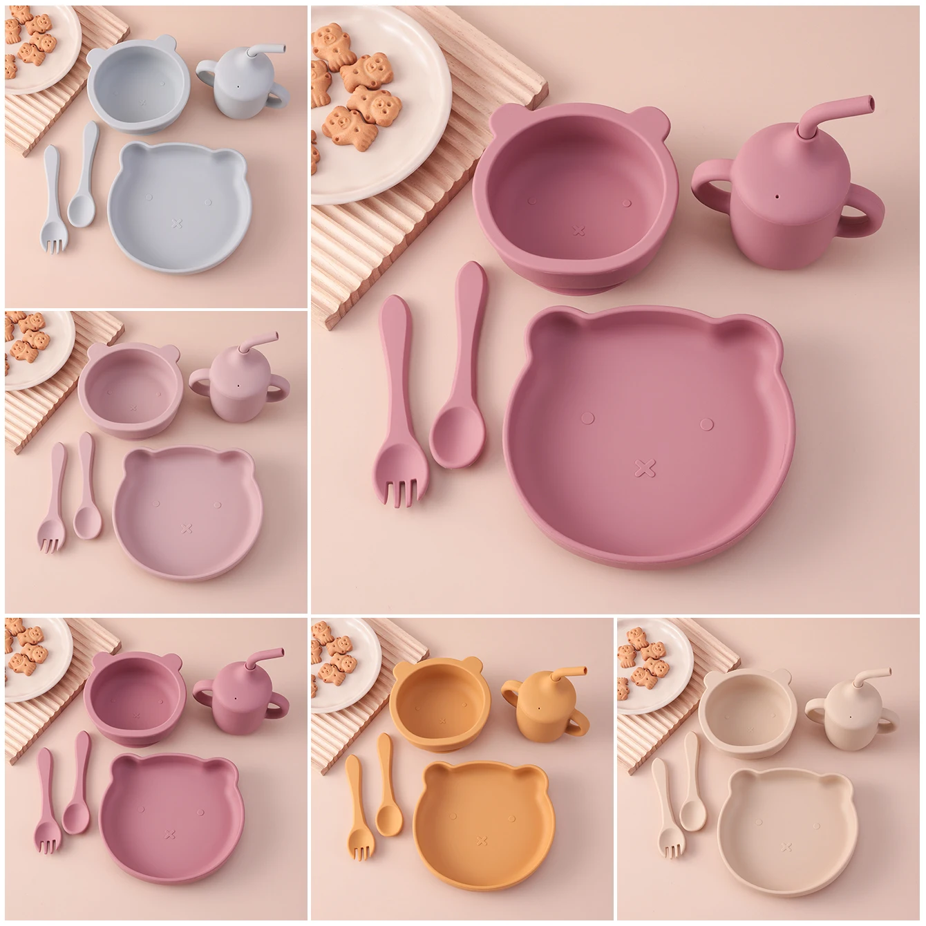 

Color Kids 5PCS Silicone Feeding Set Bear Shape Dihes Plates Non-Slip Bowl Training Fork Spoon Sippy Cup High Quality Baby Stuff