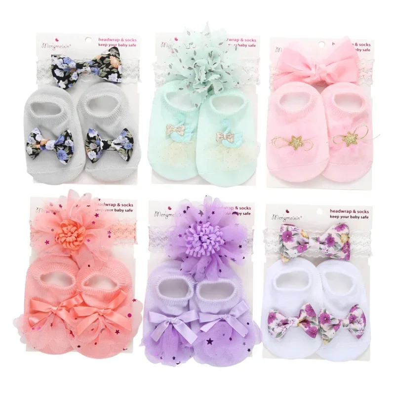 2Pcs/set Newborn Baby Sock Headband Cute Bowknot Short Sock Headband for Infant Baby Girl Spring Summer Baby Stuff for 0-1 Year