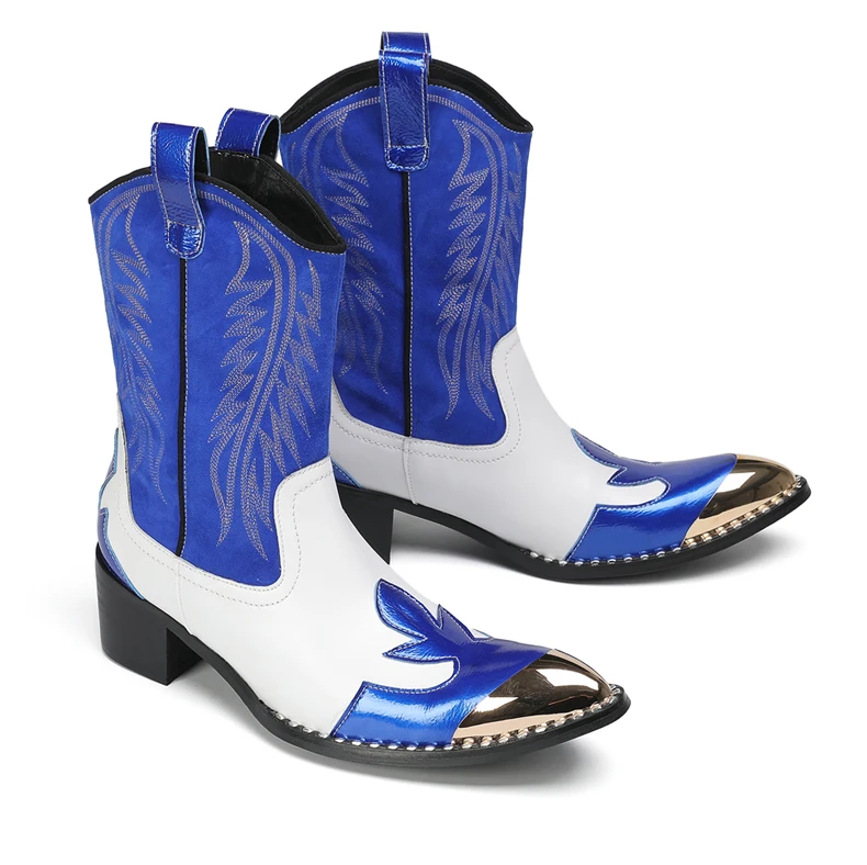 Mode Spitz Männlichen Stiefeletten Plus Größe Party Schuhe Stickerei Cowboy Stiefel Aus Echtem Leder Männer Motorrad Kurze Stiefel – Detail 7