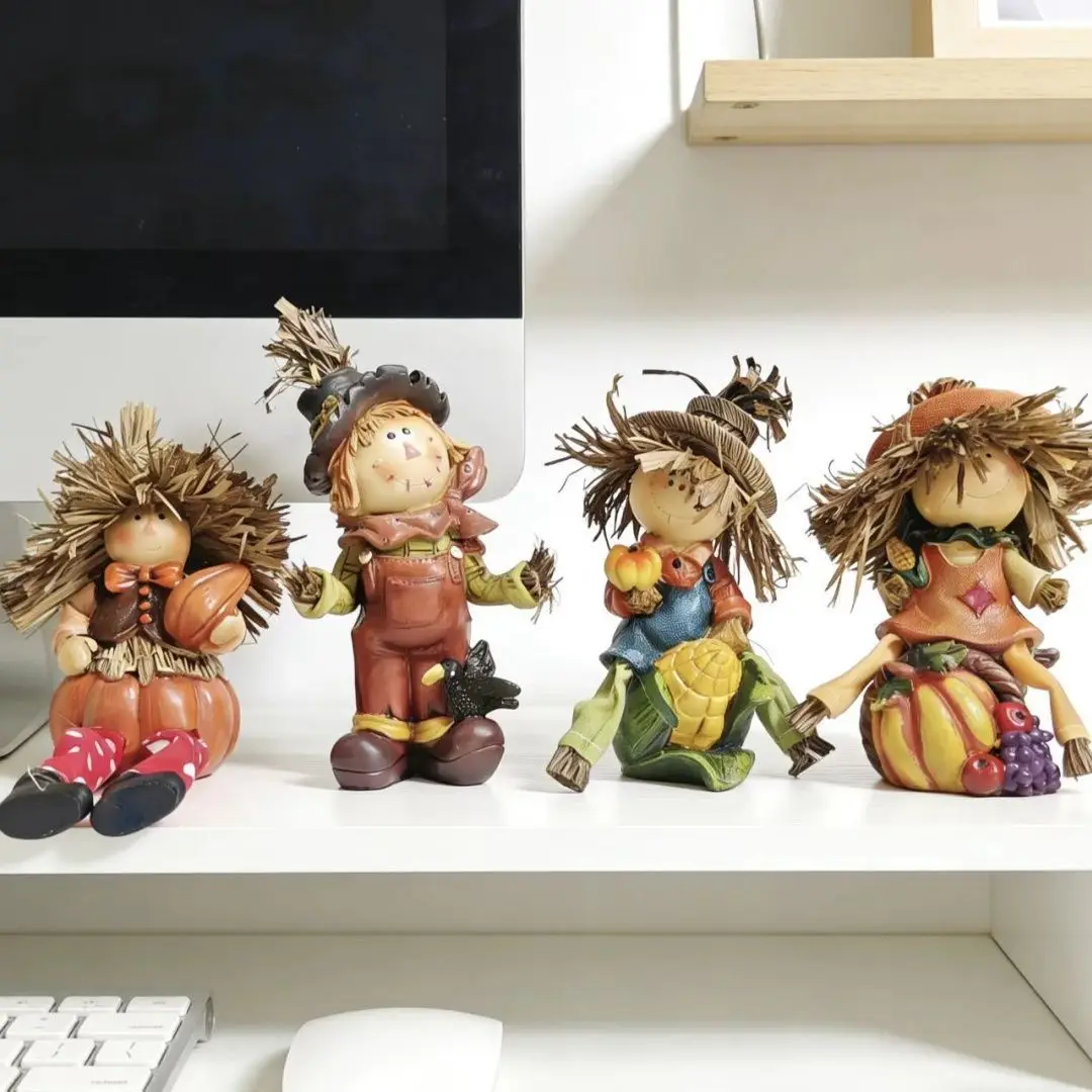 American Countryside Scarecrow Figurine - Farmhouse Rustic Decor for Balcony Shelf Desk, Resin Harvest Home Ornament, Fall Gift
