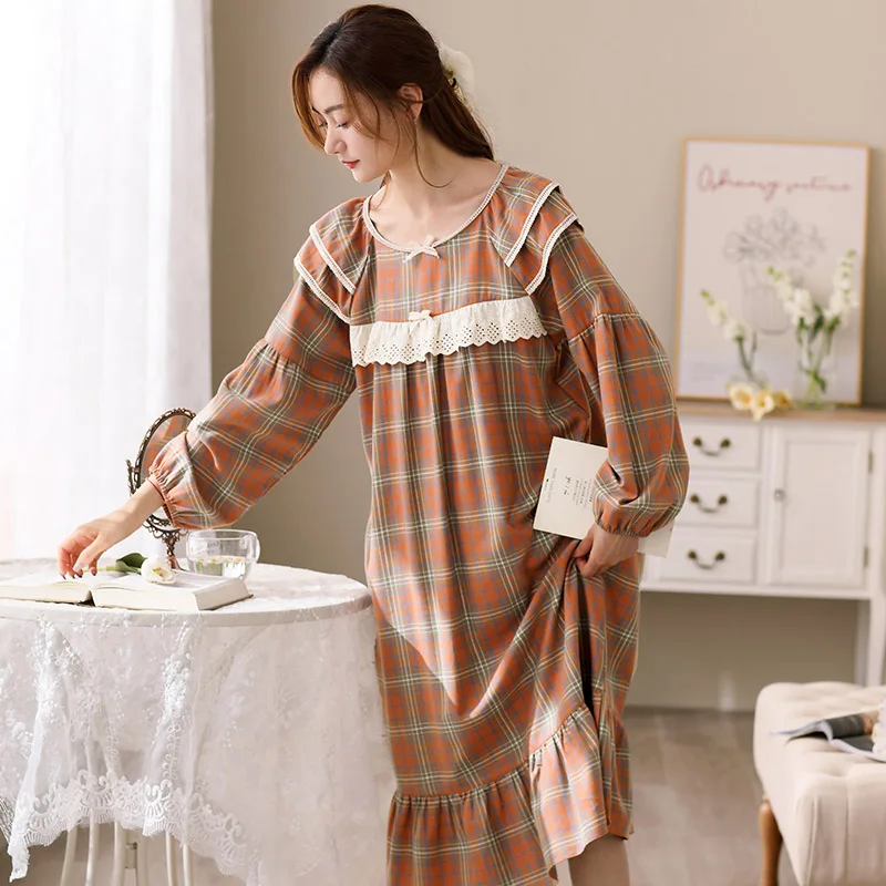 New Spring&Autumn Women's Plaid Pijamas Mujer Home Clothes Nightshirt Women Causal Long Sleepwear Woven Cotton Ladies Nightgowns