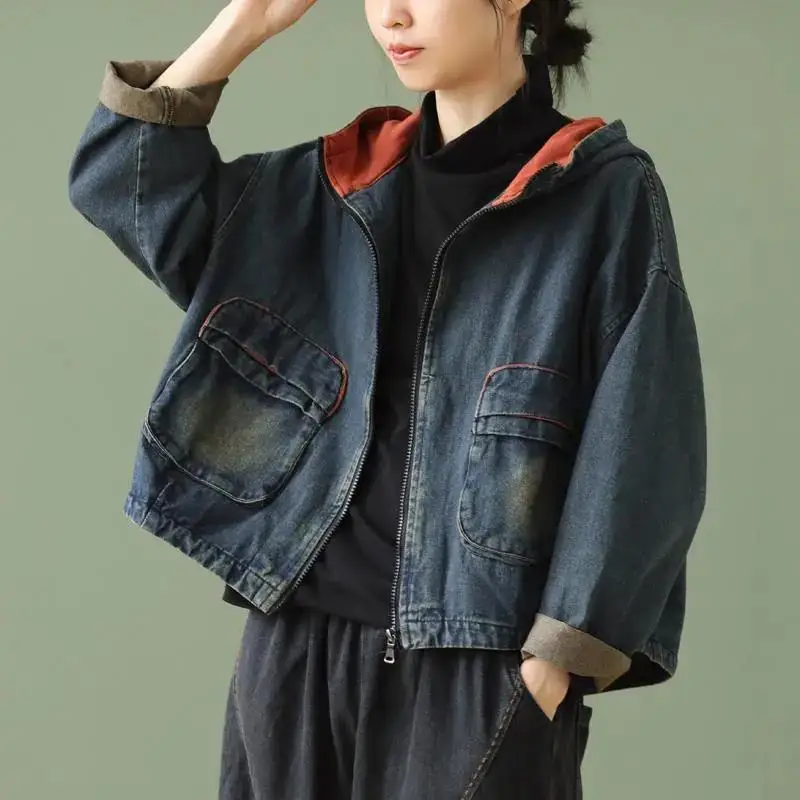 High-End Women's Spring Fashionable Denim Hooded Jacket Coat Cut-Label Tail Single Piece Cotton Commute Style Long Sleeve Zipper