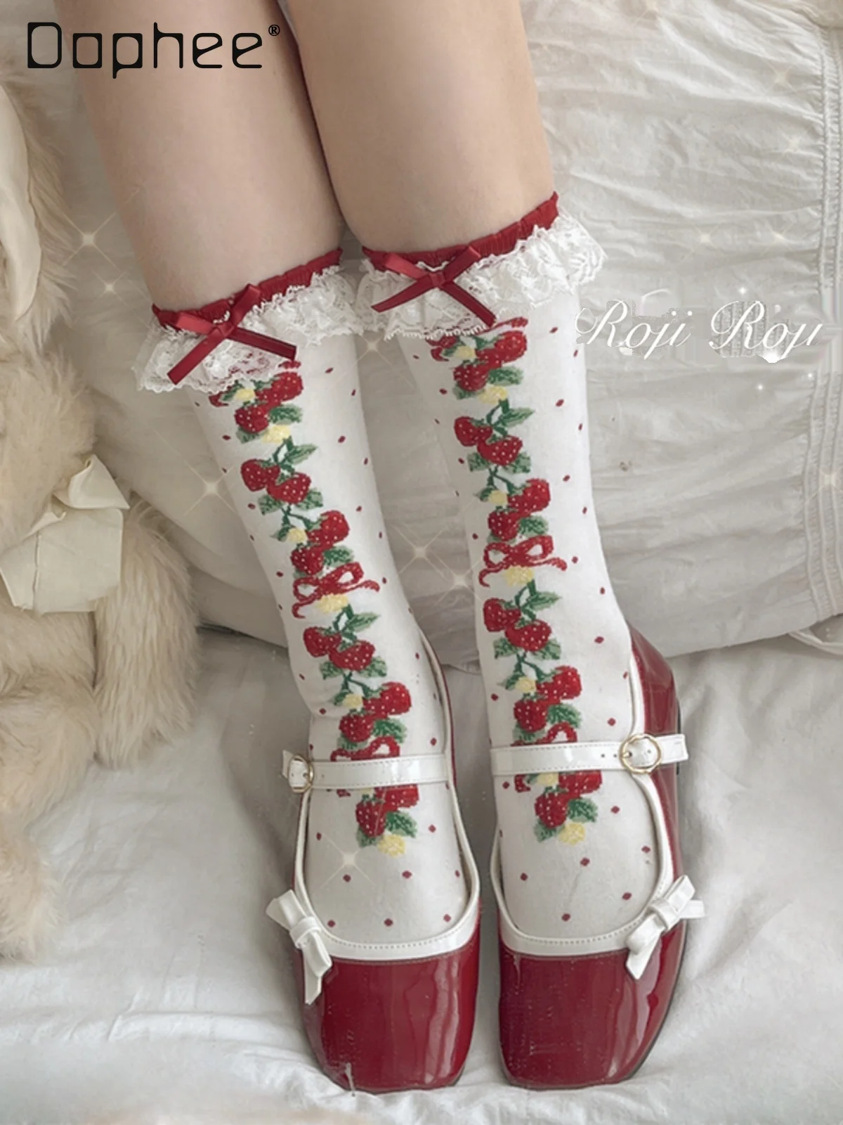 

Sweet Strawberry Lolita Socks Lace Patchwork Women Over The Knee Thick Cotton Printed Stockings Japanese Style Skinny Cute