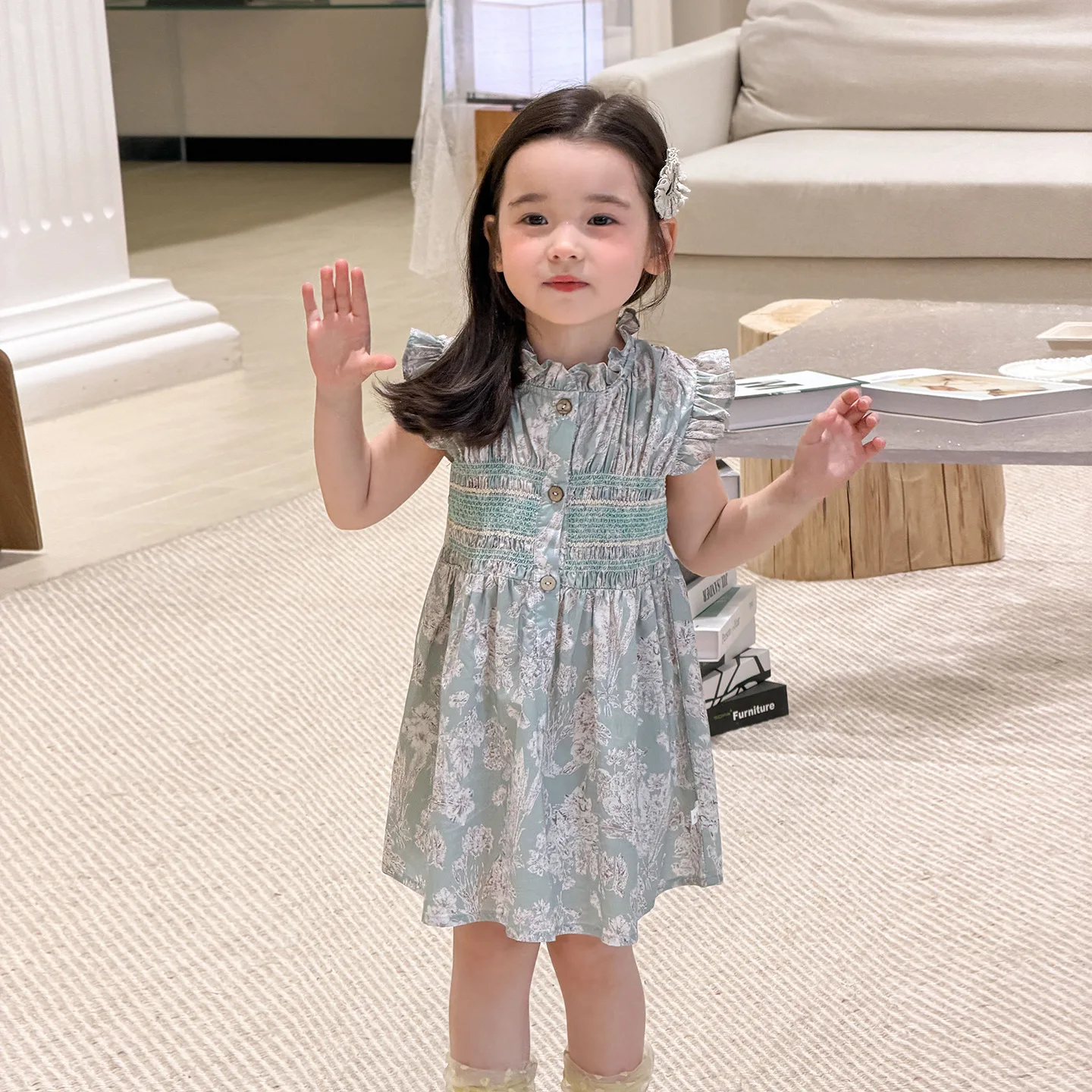 2026 New Blue Style Girls Dress Summer Thin 2026 Kids Floral Dress Stylish Class A Baby Skirt