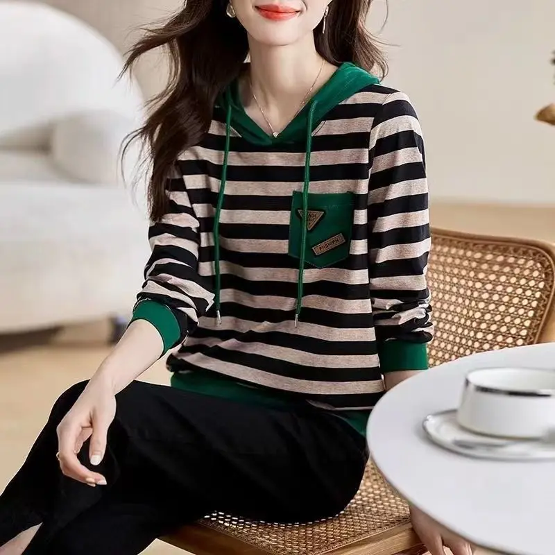 Cotton New Simple and Fashionable Long Sleeved Versatile Casual and Comfortable Striped Hooded Top