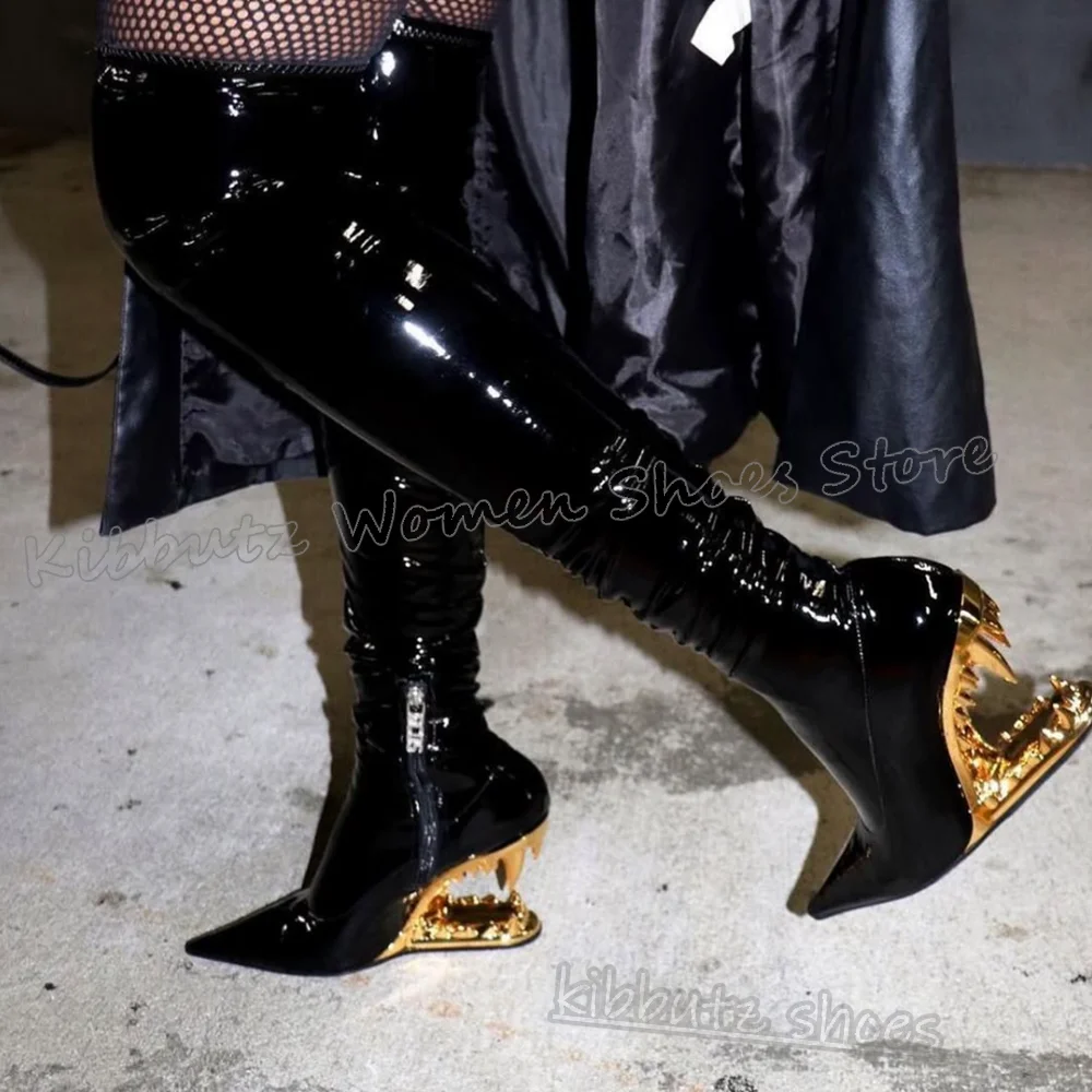 

Teeth Heels Above The Knee Boots Pointy Leather Solid Color Zipper Novelty Fashion Elegant Comfortable Sexy Women Shoes Newest