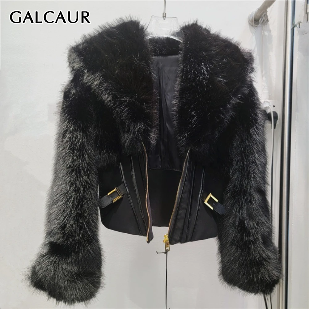 

GALCAUR Black Spliced Fur Chic Jacket Female Lapel Long Sleeve Loose Vintage Streetwear Women's Jackets Autumn Style Fashion New