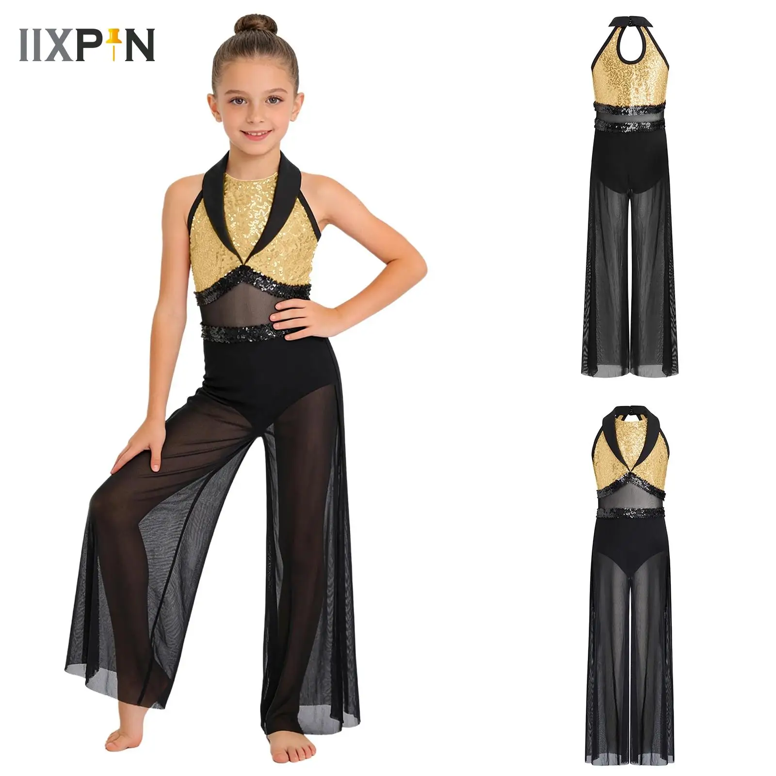 

Kids Girls Jazz Dance Performance Jumpsuit Sleeveless Side Split Mesh Wide-Leg Bodysuit for Lyrical Ballet Modern Ballroom Latin