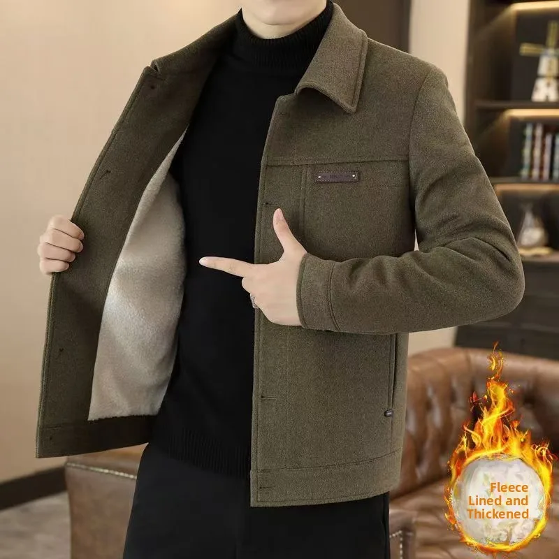 

Thiened Fce ort Tweed Coat Men's Sle Autumn Winter Jaet Korean Version Slim Fit Collar Youth Faion Long Sve S...