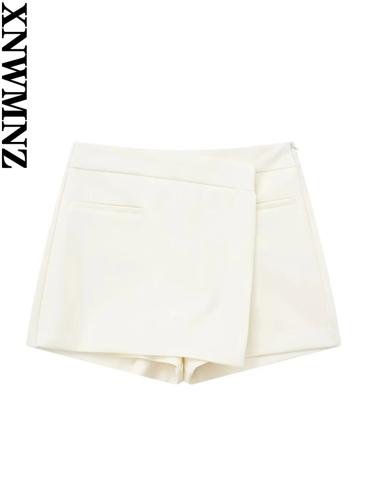 XNWMNZ women asymmetric skort Feminine chic false welt pockets layered wrap high-waist skort